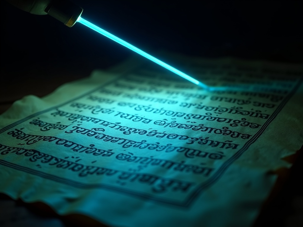 Palm-leaf manuscript under scan light